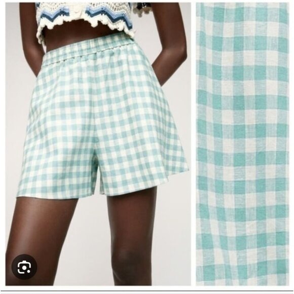 ZARA | Purple Lilac Gingham Checked Linen Blend High Waisted Bermuda Shorts Sz S - Picture 2 of 6
